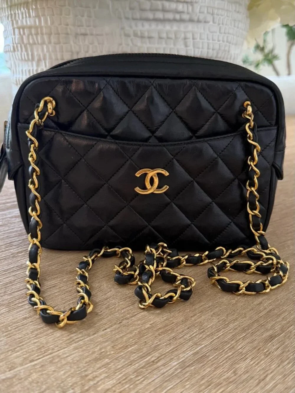 CHANEL Black Quilted Lambskin Crossbody with Gold Chain